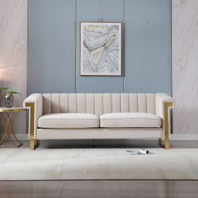 FX-P81-CW2 SOFA Modern Cream Velvet Sofa with Gold Accents - Sleek Channel-Tufted Upholstery, 3-Seat Couch for Living Room and Office Decor