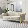 FX-P81-CW2 SOFA Modern Cream Velvet Sofa with Gold Accents - Sleek Channel-Tufted Upholstery, 3-Seat Couch for Living Room and Office Decor