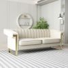FX-P81-CW2 SOFA Modern Cream Velvet Sofa with Gold Accents - Sleek Channel-Tufted Upholstery, 3-Seat Couch for Living Room and Office Decor