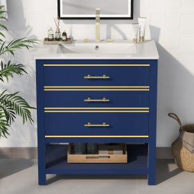 [Viedo]Modern 30inch Navy Blue/White Bathroom Vanity Cabinet Combo with Open Storge, Two Drawers (Color: Blue)