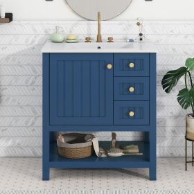 30inch Transitional Style Bathroom Vanity Cabinet Combo with Ceramic Sink (Color: Blue)