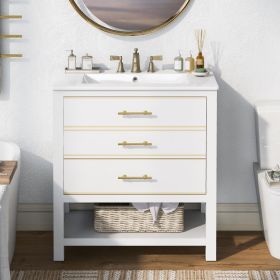 [Viedo]Modern 30inch Navy Blue/White Bathroom Vanity Cabinet Combo with Open Storge, Two Drawers (Color: White)