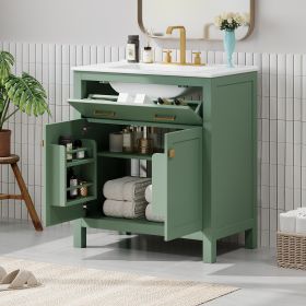 30-inch Bathroom Vanity with Ceramic Sink, Modern Green Single Bathroom Cabinet with 2 Doors and a Shelf, Soft Close Doors (Color: Green)