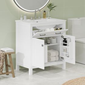 30-inch Bathroom Vanity with Ceramic Sink, Modern Green Single Bathroom Cabinet with 2 Doors and a Shelf, Soft Close Doors (Color: White)