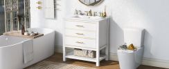 [Viedo]Modern 30inch Navy Blue/White Bathroom Vanity Cabinet Combo with Open Storge, Two Drawers