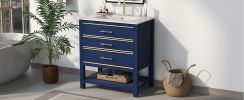 [Viedo]Modern 30inch Navy Blue/White Bathroom Vanity Cabinet Combo with Open Storge, Two Drawers