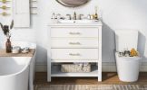 [Viedo]Modern 30inch Navy Blue/White Bathroom Vanity Cabinet Combo with Open Storge, Two Drawers